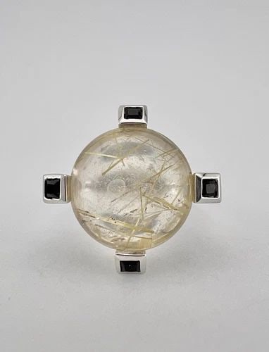 DESIGNER 10K WHITE GOLD NATURAL CABOCHON RUTILATED QUARTZ & SAPPHIRE RING (1 of 2)
