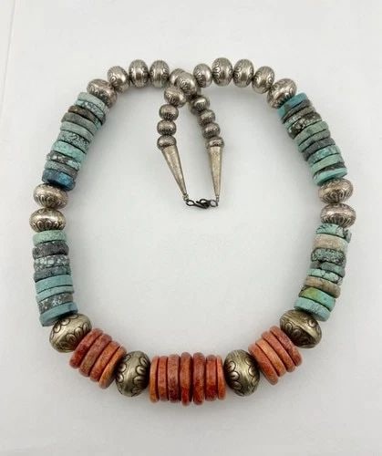 VTG NAVAJO STERLING SILVER TURQUOISE & CORAL HEISHI BENCH BEAD NECKLACE 186.5G: VTG NAVAJO STERLING SILVER TURQUOISE & CORAL HEISHI BENCH BEAD NECKLACE 186.5G Vtg Navajo Sterling Silver Turquoise & Coral Heishi Bench Bead Necklace 186.5g Necklace is 25" long Tip To Tip Sponge Cor