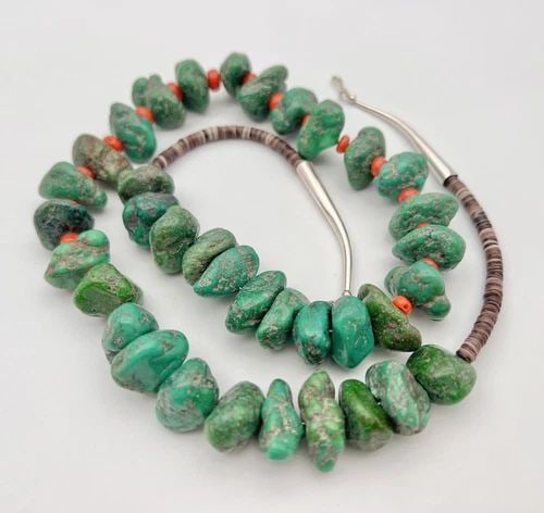 VTG NAVAJO SONORAN GOLD TURQUOISE & CORAL HEISHI CHUNK BEAD NECKLACE 29" -177.5G: VTG NAVAJO SONORAN GOLD TURQUOISE & CORAL HEISHI CHUNK BEAD NECKLACE 29" -177.5G Vtg Navajo SONORAN GOLD Turquoise & Coral Heishi Chunk Bead Necklace 29" -177.5g Necklace is 29" Long The Turquoise Sto