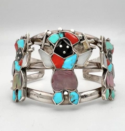 EARLY ZUNI KACHINA DANCER STERLING SILVER MULTI GEMSTONE INLAY BRACELET 51.2G: EARLY ZUNI KACHINA DANCER STERLING SILVER MULTI GEMSTONE INLAY BRACELET 51.2G EARLY ZUNI KACHINA DANCER STERLING SILVER MULTI GEMSTONE INLAY BRACELET 51.2g Cuff is 5 1/8" tip to Tip and has a 1 1/4" A