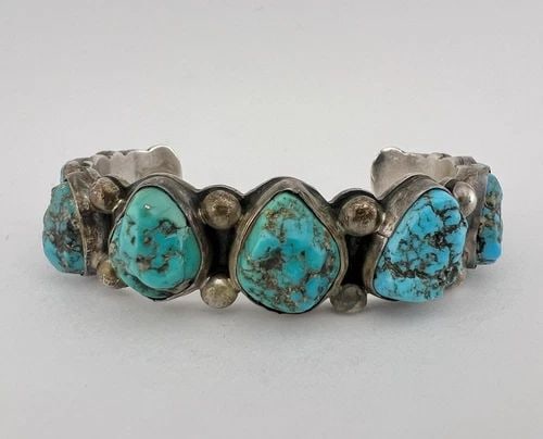 VINTAGE NAVAJO SOLID STERLING SILVER SEAFOAM KINGMAN TURQUOISE CUFF BRACELET 57G (1 of 2)