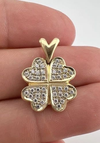 VTG 14K YELLOW GOLD CUBIC ZIRCONIA 4 FOUR LEAF CLOVER GOOD LUCK PENDANT 3.5G (1 of 2)