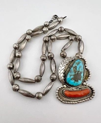 VTG NAVAJO STERLING SILVER MORENCI TURQUOISE & CORAL BENCH BEAD NECKLACE PENDANT (1 of 2)