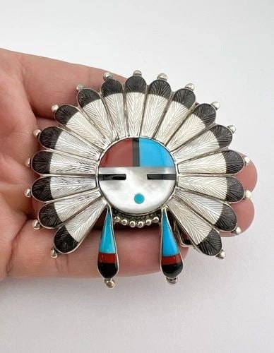 VTG NAVAJO STERLING SILVER CARVED TURQUOISE & CORAL SUNFACE BELT BUCKLE PENDANT: Vtg Navajo Sterling Silver Carved Turquoise & Coral Sunface Belt Buckle / Pendant Size: 3" Wide By 2 7/8" Tall Weight is 49.8 Grams on my scale Metal: Sterling Silver Amazing Sunface Design With Natur