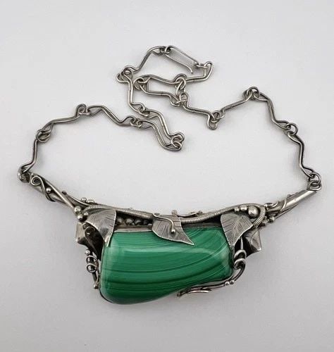 ANTIQUE ART NOUVEAU STERLING SILVER NATURAL MALACHITE FLORAL LINK NECKLACE 17.5" (1 of 2)