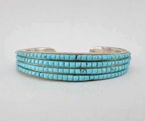 VTG NAVAJO STERLING SILVER 4 ROW ROLLED HAND CUT TURQUOISE HEISHI CUFF BRACELET (1 of 2)