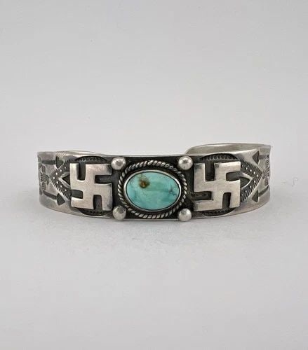 OLD FRED HARVEY NAVAJO COIN SILVER TURQUOISE WHIRLING LOG ARROW CUFF BRACELET: OLD FRED HARVEY NAVAJO COIN SILVER TURQUOISE WHIRLING LOG ARROW CUFF BRACELET OLD Fred Harvey Era Navajo Coin Silver Turquoise Whirling Log Arrow Cuff Bracelet Cuff is Slightly Over 5 1/2" tip to Tip 