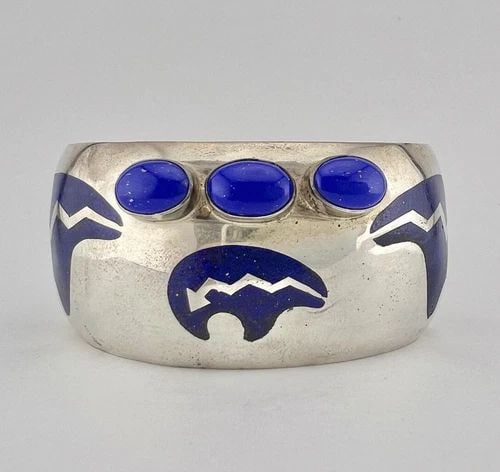 JOE TENORIO SANTO DOMINGO KEWA STERLING SILVER LAPIS LAZULI BEAR CUFF BRACELET (1 of 2)