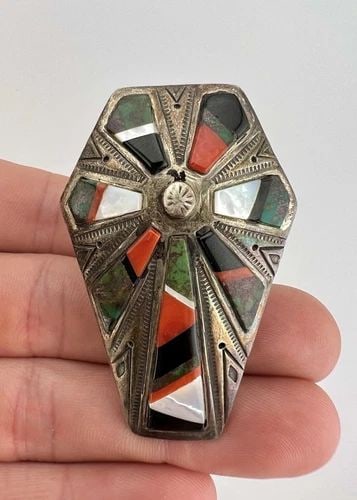 HUGE 2.25" RARE NAVAJO STERLING SILVER MULTI GEMSTONE 3D CROSS COFFIN RING 33.8G (1 of 2)