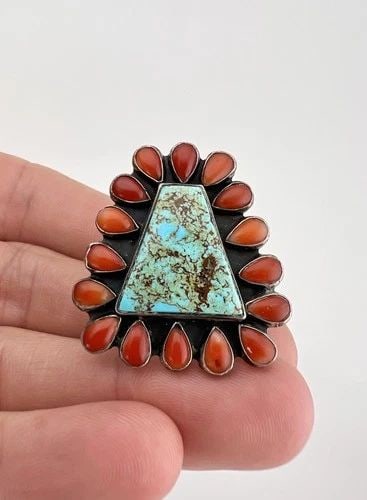 FEDERICO JIMENEZ STERLING SILVER HIGH GRADE TURQUOISE & RED CORAL CLUSTER RING (1 of 2)