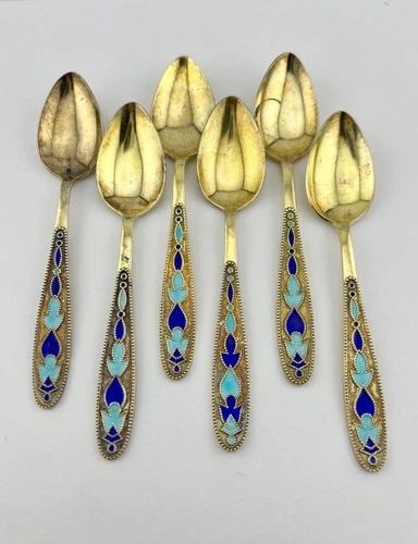 (6) VINTAGE RUSSIAN SOVIET 875 GILT GOLD SILVER MULTI COLOR ENAMEL SPOONS 91G (1 of 2)