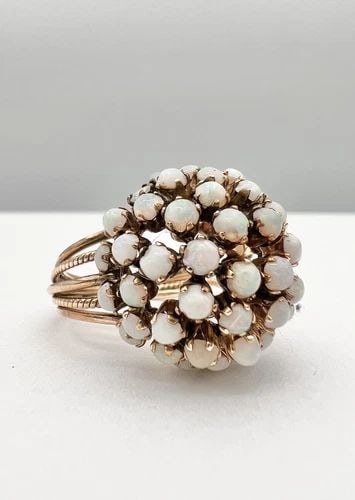 ANTIQUE 14K YELLOW GOLD NATURAL AUSTRALIAN FIRE OPAL DISCO BALL CLUSTER RING: ANTIQUE 14K YELLOW GOLD NATURAL AUSTRALIAN FIRE OPAL DISCO BALL CLUSTER RING Antique 14k Yellow Gold Natural Australian Fire Opal Disco Ball Cluster Ring Size: 6.5 - Can Be Resized Total Weight is 6.2