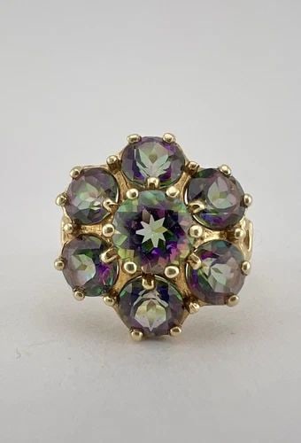 DESIGNER 10K YELLOW GOLD MYSTIC TOPAZ CLUSTER FLOWER ENGRAVED RING (1 of 2)