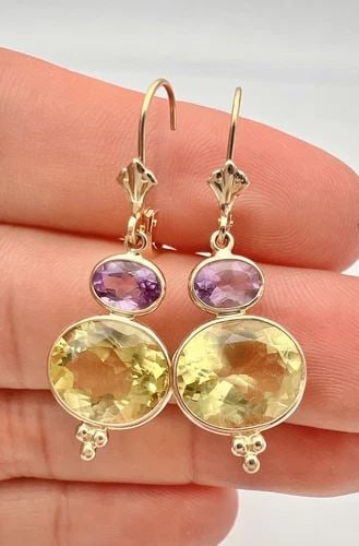 DESIGNER 14K YELLOW GOLD OVAL AMETHYST & LEMON QUARTZ DANGLE EARRINGS (1 of 2)