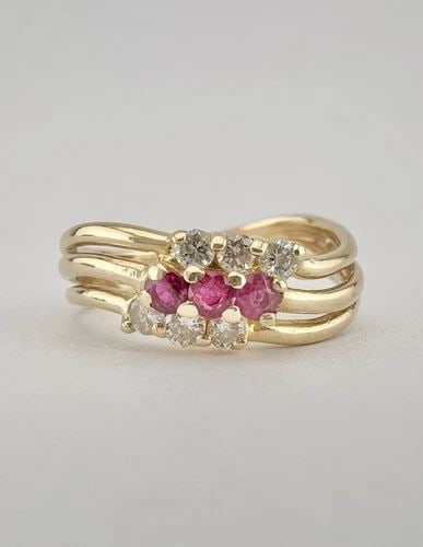 DESIGNER 14K YELLOW GOLD NATURAL RUBY & DIAMOND 3 BAND STACK RING: DESIGNER 14K YELLOW GOLD NATURAL RUBY & DIAMOND 3 BAND STACK RING Designer 14k Yellow Gold Natural Ruby & Diamond 3 Band Stack Ring Ring Size: 5 - Can Be Resized Metal: 14k Yellow Gold - Tested & Hall