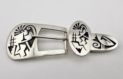MITCHELL SOCKYMA HOPI STERLING SILVER KOKOPELLI OVERLAY 3PC RANGER BELT BUCKLE: MITCHELL SOCKYMA HOPI STERLING SILVER KOKOPELLI OVERLAY 3PC RANGER BELT BUCKLE Vtg Mitchell Sockyma Hopi Sterling Silver Kokopelli Overlay 3pc Ranger Belt Buckle Buckle Size: 1 1/2" Tall By Just Under