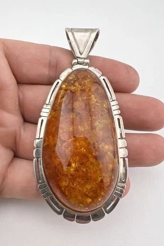 HUGE VINATGE NAVAJO STERLING SILVER NATURAL BALTIC AMBER PENDANT 3.75"-49.3G: HUGE VINATGE NAVAJO STERLING SILVER NATURAL BALTIC AMBER PENDANT 3.75"-49.3G HUGE Vinatge Navajo Sterling Silver Natural Baltic Amber Pendant 3.75"-49.3g Size: 3 3/4" Tall With bail by Almost 1 3/4" W