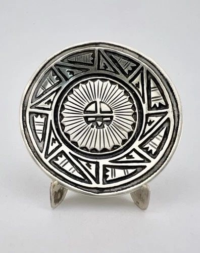 RARE VTG NAVAJO STERLING SILVER DETAILED SUNFACE OVERLAY 1 7/8" PLATE & STAND #3 (1 of 2)