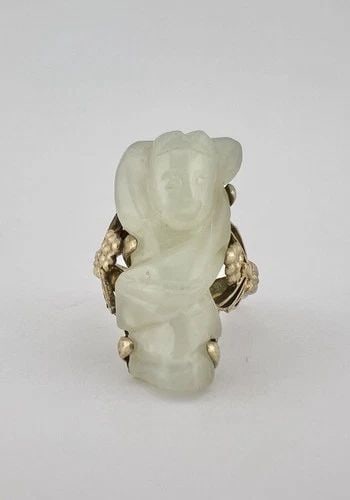 ANTIQUE CHINESE EXPORT GILT SILVER CARVED TRANSLUCENT WHITE JADE GODDESS RING: ANTIQUE CHINESE EXPORT GILT SILVER CARVED TRANSLUCENT WHITE JADE GODDESS RING Antique Chinese Export Gilt Silver Carved Translucent White Jade Goddess Ring Ring Size: 7 - Can Be Adjusted in Size Weigh