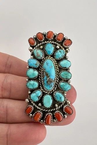 MASSIVE VTG NAVAJO STERLING SILVER TURQUOISE & CORAL CLUSTER WOMEN'S RING 2.5": MASSIVE Vtg Navajo Sterling Silver Turquoise & Coral Cluster Women's Ring 2.5" Ring Size: 7.75 Weight is 25.2 Grams on my scale Metal: Sterling Silver Ring is 2.5" Tall In the Center By 1 1/4" Wide Am