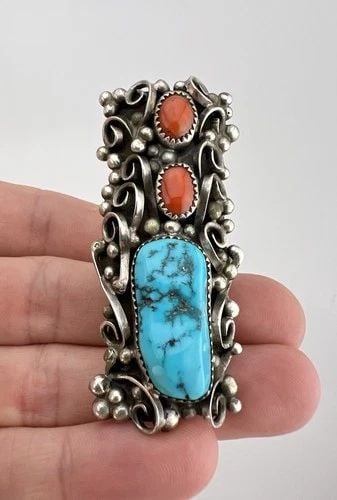 HUGE 2.5" VTG NAVAJO STERLING SILVER SLEEPING BEAUTY TURQUOISE CORAL RING 31.7G: HUGE 2.5" VTG NAVAJO STERLING SILVER SLEEPING BEAUTY TURQUOISE CORAL RING 31.7G HUGE 2.5" Vtg Navajo Sterling Silver Sleeping Beauty Turquoise Coral Ring 31.7g Ring Size: 11 - Can Be Resized Weight is
