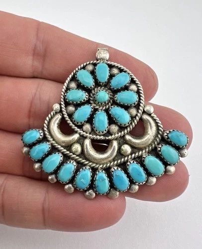 VTG FANNIE ONDELACY ZUNI STERLING SILVER TURQUOISE CLUSTER PENDANT 2" (1 of 2)