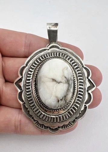 LEONARD MALONEY NAVAJO STERLING SILVER WHITE BUFFALO TURQUOISE PENDANT 3 1/8": LEONARD MALONEY NAVAJO STERLING SILVER WHITE BUFFALO TURQUOISE PENDANT 3 1/8" HUGE Leonard Maloney Navajo Sterling Silver White Buffalo Turquoise Pendant 3 1/8" Size: 3 1/8" Tall With bail by 2 1/4" W