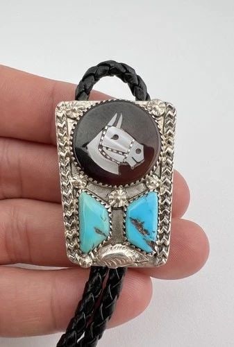 #2 VTG MIKE SIMPLICIO ZUNI STERLING SILVER TURQUOISE SHELL HORSE BOLO TIE 1.5" (1 of 2)