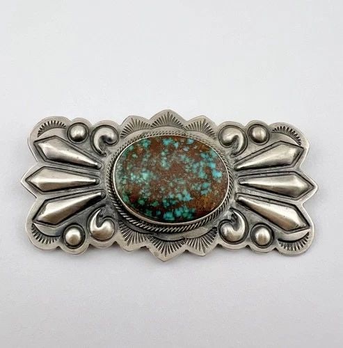 VTG NAVAJO STERLING SILVER HIGH GRADE BISBEE TURQUOISE STAMPED PIN BROOCH 3": VTG NAVAJO STERLING SILVER HIGH GRADE BISBEE TURQUOISE STAMPED PIN BROOCH 3" Vtg Navajo Sterling Silver High Grade Bisbee Turquoise Stamped Pin Brooch 3" Size: Over 1 1/2" Tall by Around 3" Wide Metal