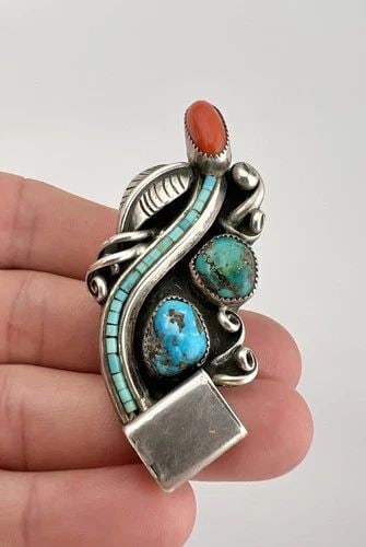 HUGE VTG NAVAJO STERLING SILVER BISBEE TURQUOISE & CORAL HEISHI INLAY RING 2.5" (1 of 2)
