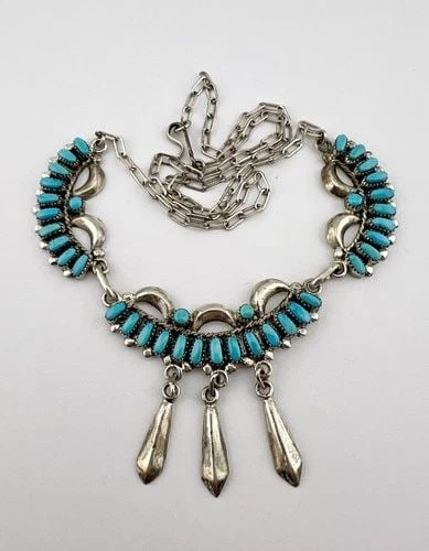 BILL & LOU LAWEKA ZUNI STERLING SILVER TURQUOISE CLUSTER COLLAR DANGLE NECKLACE (1 of 2)