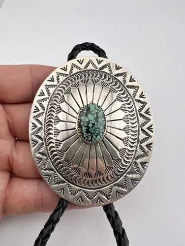 VTG BLACKGOAT NAVAJO STERLING SILVER SPIDERWEB TURQUOISE STAMPED BOLO TIE 3" (1 of 2)