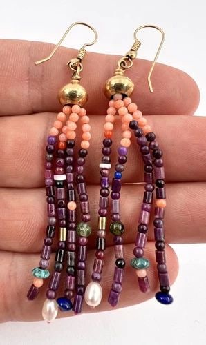 3" NAVAJO 14K YELLOW GOLD SUGILITE & CORAL & LAPIS PEARL HEISHI DANGLE EARRINGS: 3" NAVAJO 14K YELLOW GOLD SUGILITE & CORAL & LAPIS PEARL HEISHI DANGLE EARRINGS 3" Navajo 14k Yellow Gold Sugilite & Coral & Lapis Pearl HEISHI Dangle Earrings Size: Over 3" Tall & Over 1/4" Wide Weig