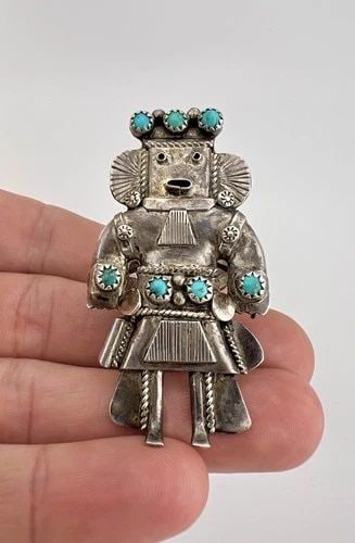 HUGE NAVAJO STERLING SILVER NATURAL TURQUOISE STAMPED KACHINA WOMEN'S RING 2.25": HUGE Vintage Navajo Sterling Silver Natural Turquoise Stamped Kachina Women's Ring 2.25" Ring Size: 9 - Can Be Re Sized Weight is 18.4 Grams on my scale Metal: Sterling Silver Ring is 2 1/4" Tall In t