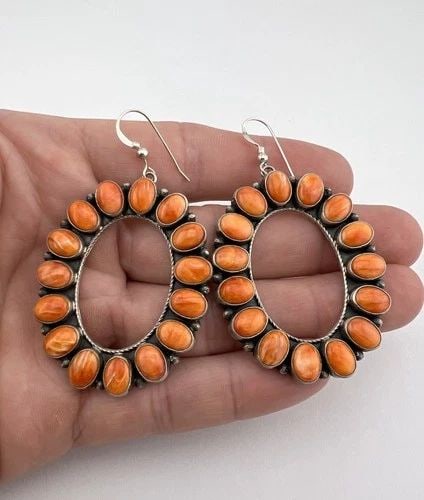 RENELL PERRY NAVAJO STERLING SILVER ORANGE SPINY OYSTER CLUSTER EARRINGS 2 5/8" (1 of 2)