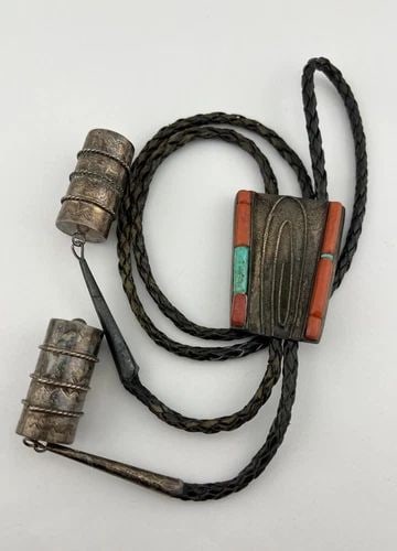 VINTAGE JOHN HORNBECK ANGLO TUFA CAST STERLING SILVER TURQUOISE & CORAL BOLO TIE: VINTAGE JOHN HORNBECK ANGLO TUFA CAST STERLING SILVER TURQUOISE & CORAL BOLO TIE Vintage John Hornbeck Anglo Tufa Cast Sterling Silver Turquoise & Coral Bolo Tie Size: Just Over 2 1/2" Tall by 1 5/8" 