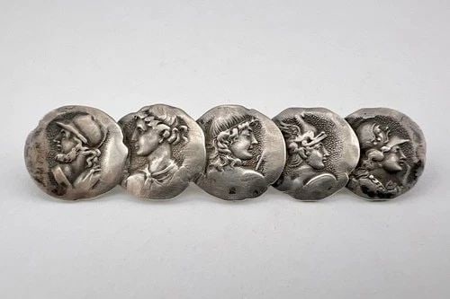 ANTIQUE GEORGE W SHIEBLER STERLING SILVER HOMERIC ETRUSCAN COIN PIN BROOCH 2.75": ANTIQUE GEORGE W SHIEBLER STERLING SILVER HOMERIC ETRUSCAN COIN PIN BROOCH 2.75" Antique George W Shiebler Sterling Silver Homeric Etruscan Coin Pin Brooch 2.75" Size: 2 3/4" Wide By Just Under 3/4" T