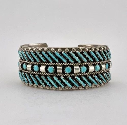 AMELIO & VERONICA NASTACIO ZUNI STERLING NEEDLEPOINT TURQUOISE CUFF BRACELET: Vtg Amelio & Veronica Nastacio Zuni Sterling Silver Dot Dash - Needlepoint Turquoise Cuff Bracelet Cuff is 5 7/8" tip to Tip and has a Just Under 1" Wide - Adjustable Gap Cuff Is 1" Wide In The Center