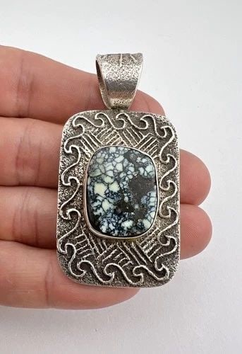 GILBERT DINO GARCIA SANTO DOMINGO PUEBLO TUFA STERLING SILVER TURQUOISE PENDANT (1 of 2)
