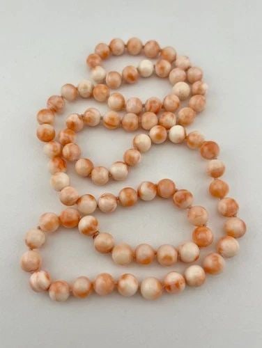VINTAGE ANGEL SKIN CARVED 9MM BALL BEAD KNOTTED NECKLACE 31" - 90G (1 of 2)
