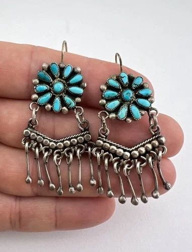 OLD ZUNI STERLING SILVER PETIT POINT TURQUOISE CLUSTER DANGLE EARRINGS 2.25" (1 of 2)