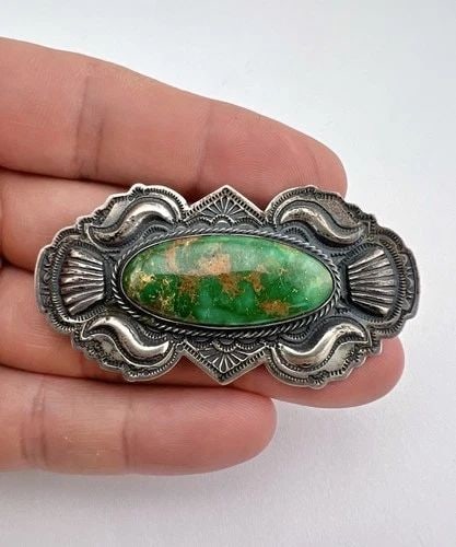 AL SOMERS APACHE STERLING SILVER GREEN ROYSTON TURQUOISE STAMPED PIN BROOCH 2.5": AL SOMERS APACHE STERLING SILVER GREEN ROYSTON TURQUOISE STAMPED PIN BROOCH 2.5" Al Somers Apache Sterling Silver Green Royston Turquoise Stamped Pin Brooch 2.5" Size: 2 1/2" Wide by Over 1 1/4" Tall 