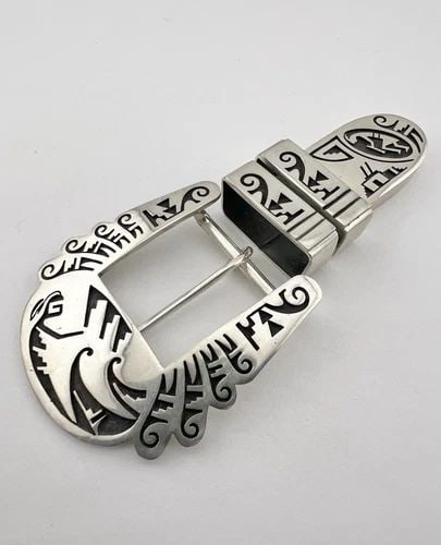 VTG MARCUS COOCHWYKVIA HOPI STERLING SILVER OVERLAY 4PC RANGER BELT BUCKLE 62.3G: VTG MARCUS COOCHWYKVIA HOPI STERLING SILVER OVERLAY 4PC RANGER BELT BUCKLE 62.3G Vtg Marcus Coochwykvia Hopi Sterling Silver Overlay 4pc Ranger Belt Buckle 62.3g Buckle Size: 2 1/8" Tall By Just Under