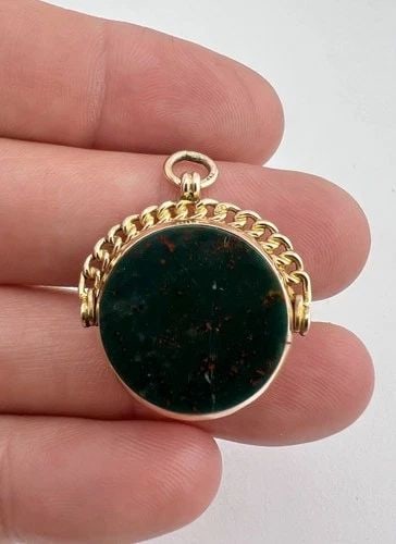 ANTIQUE VICTORIAN ENGLISH 9K ROSE GOLD CARNELIAN BLOODSTONE SPINNER FOB PENDANT (1 of 2)
