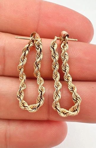 DESIGNER 14K YELLOW GOLD HINGED ROPE CHAIN LOOP HOOP DANGLE EARRINGS 3.1G (1 of 2)