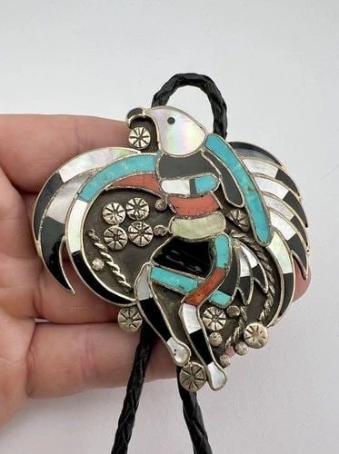 VINTAGE JOHN LUCIO? ZUNI STERLING SILVER FLUSH INLAY EAGLE DANCER BOLO TIE 2.75" (1 of 2)