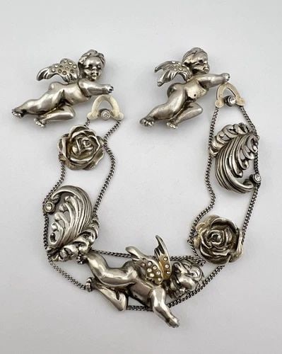 ART NOUVEAU STERLING SILVER REPOUSSE CHERUB ANGELS FLORAL DOUBLE BROOCH 11 3/4" (1 of 2)