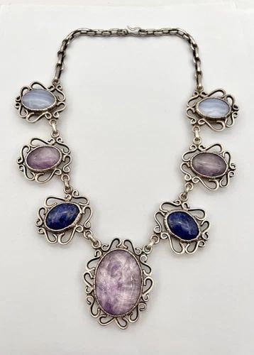 VTG MEXICO TAXCO STERLING SILVER AMETHYST AGATE JADE REVISABLE NECKLACE -193.7G (1 of 2)