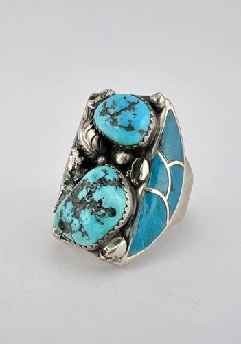 VTG NAVAJO INGOT STERLING SILVER KINGMAN TURQUOISE & FLUSH INLAY MEN'S RING 31G (1 of 2)