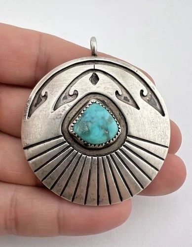 VTG HOPI STERLING SILVER TURQUOISE & CORAL REVERSIBLE OVERLAY PENDANT 2.25" (1 of 2)